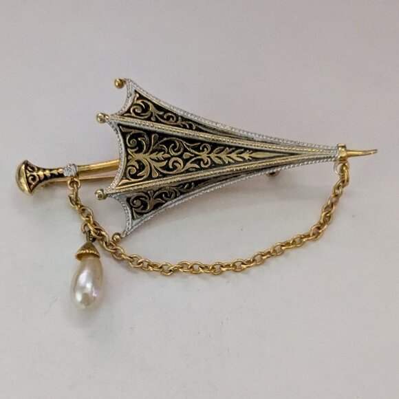 Vintage DAMASCENE Umbrella Dangle Pearl Brooch Pin - Picture 1 of 4